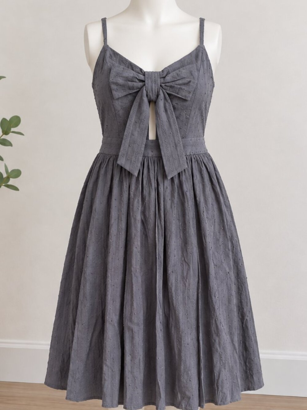 Crimson Gray Swiss Dot Bow Front Midi Dress NWT